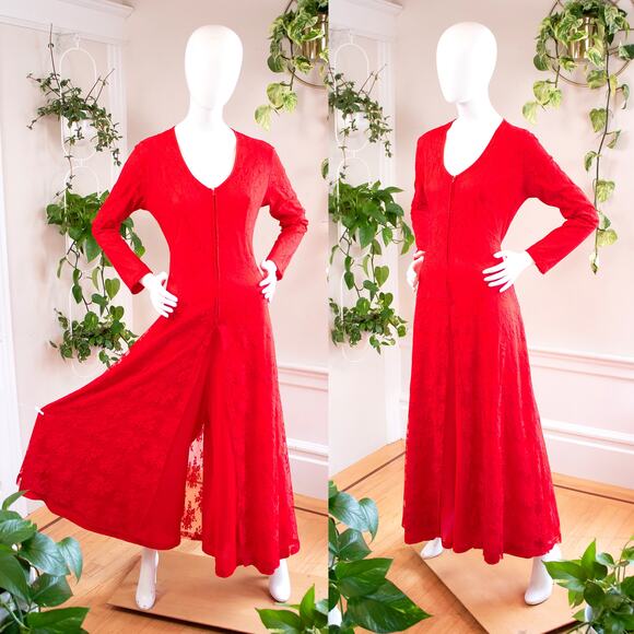 Vintage 1970s Palazzo Jumpsuit 70s Red Lace Jersey Overskirt Wide Leg Retro Glam
